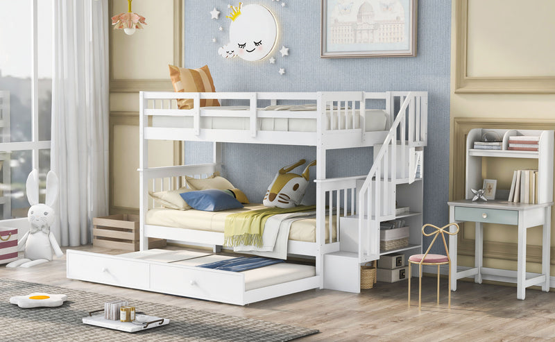 Stairway Bunk Bed With Twin Size Trundle, Storage And Guard Rail For Bedroom, Dorm