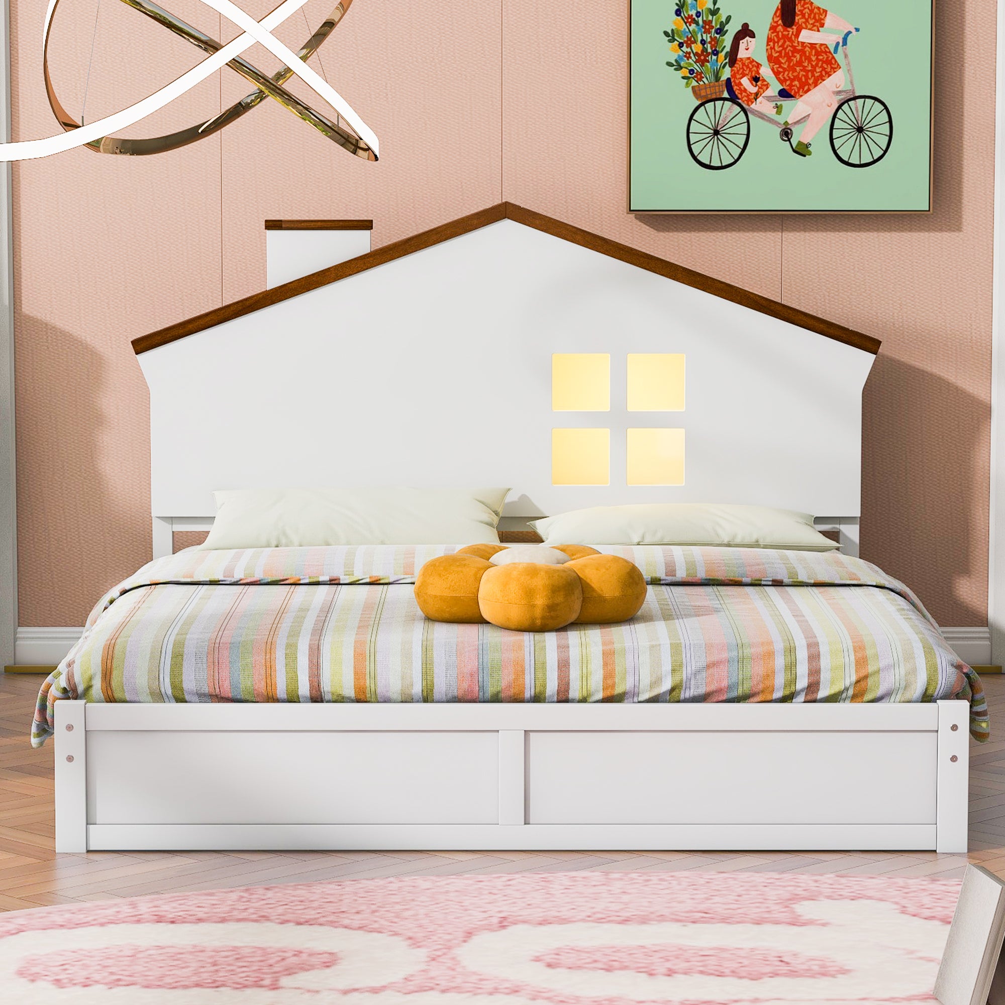 Full Size Wood Platform Bed with House-shaped Headboard and Built-in LED, Walnut+White - Atlantic Fine Furniture Melbourne FL