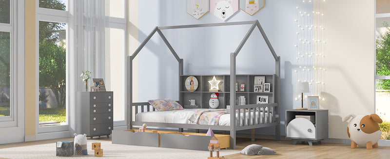 Wooden Full Size House Bed with 2 Drawers,Kids Bed with Storage Shelf, Gray(Expected Arrival Time: 5.15)