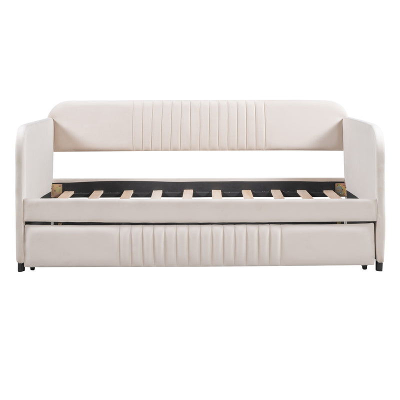 Upholstered Daybed Sofa Bed Twin Size With Trundle Bed and Wood Slat ,Beige