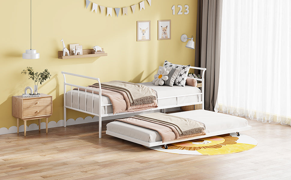 Twin Size Metal Daybed with Curved Handle Design and Twin Size Trundle, White - Atlantic Fine Furniture Melbourne FL