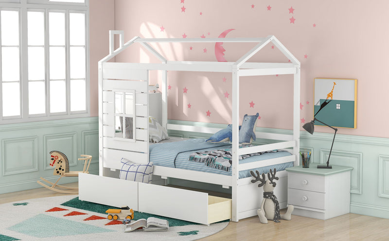 Twin Size Classic House Bed With 2 Drawers - White