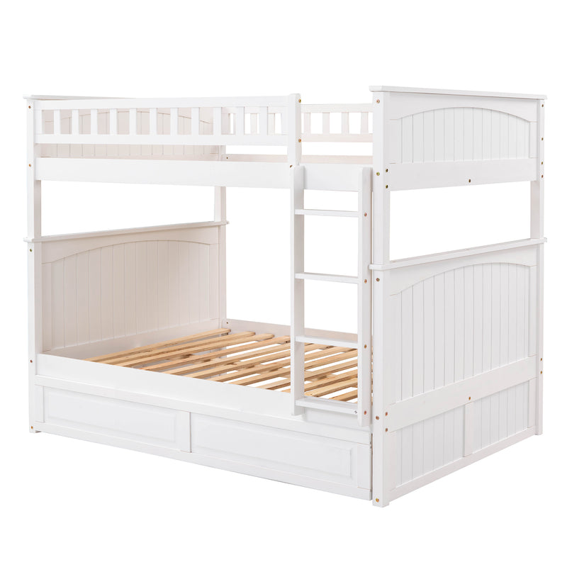Full Over Full Bunk Bed with Twin Size Trundle, Pine Wood Bunk Bed with Guardrails, White (Old SKU:LP000044AAK)