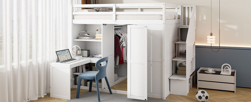 Loft Bed With Wardrobe, Desk And Shelves