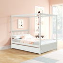 Full Size Canopy Bed with Twin Trundle, Kids Solid Wood Platform Bed Frame w/ Headboard, No Box Spring Needed White Color