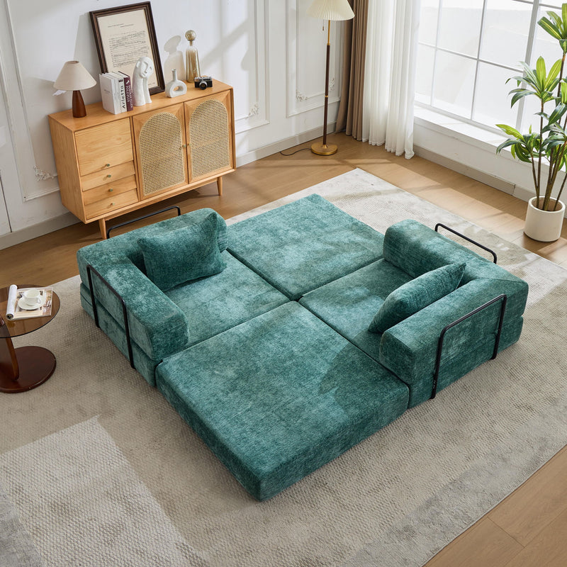 Convertible Floor Sofa Bed With Fixed Shape Frame, Loveseats Boneless Modular Sectional, For Living Room - Dark Green