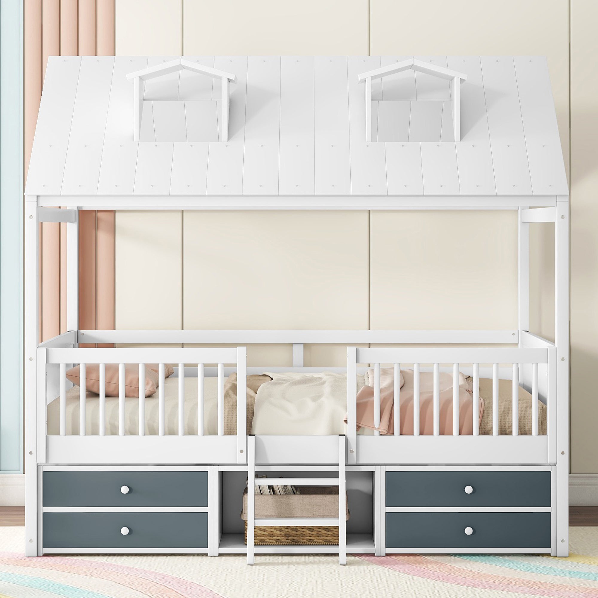 Full Size Wood Bed House Bed Frame,White - Atlantic Fine Furniture Melbourne FL
