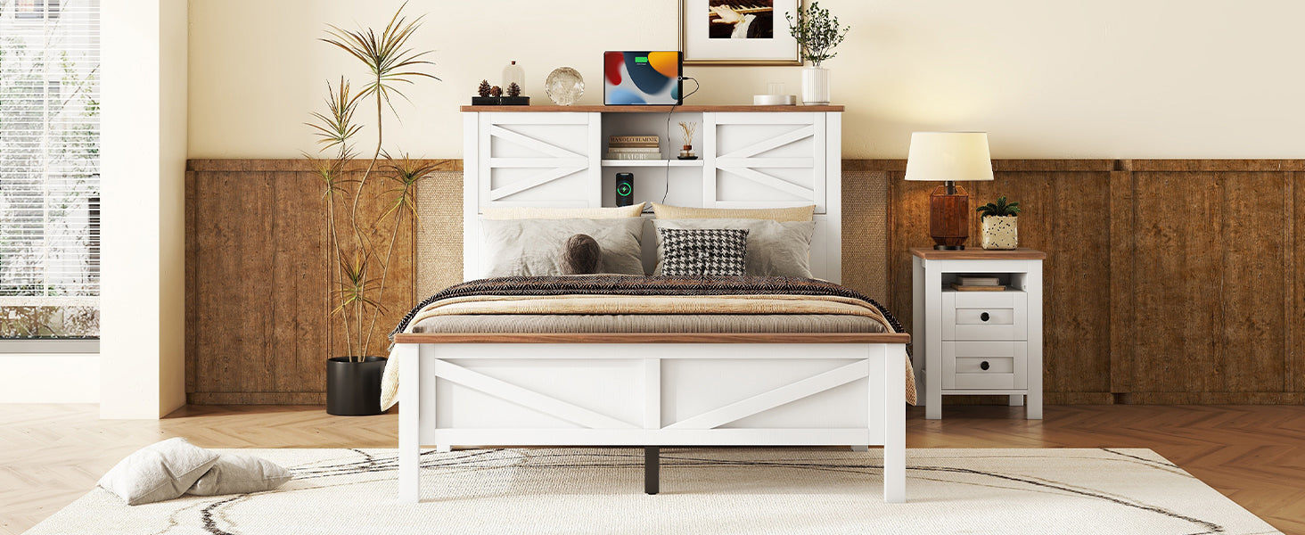 Farmhouse Platform Bed with Double Sliding Barn Door, Full Size Rustic Wood Bed with
Charging Station, Wood Slats Support, White+Brown