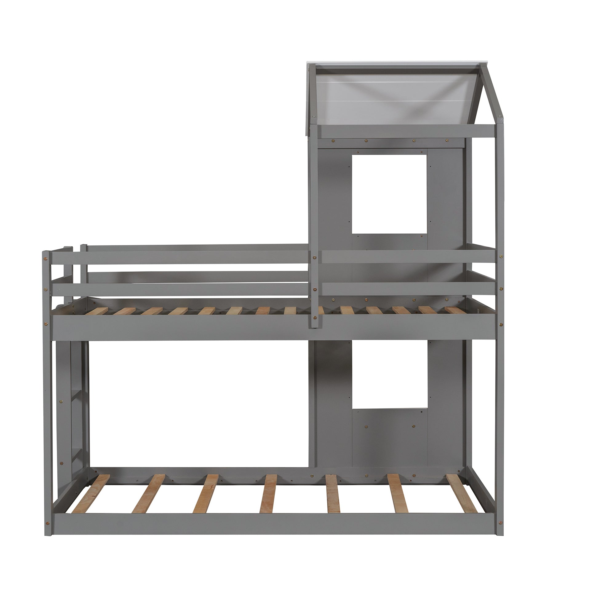 Twin Over Twin Bunk Bed Wood Bed with Roof, Window, Guardrail, Ladder (White) - Atlantic Fine Furniture Melbourne FL
