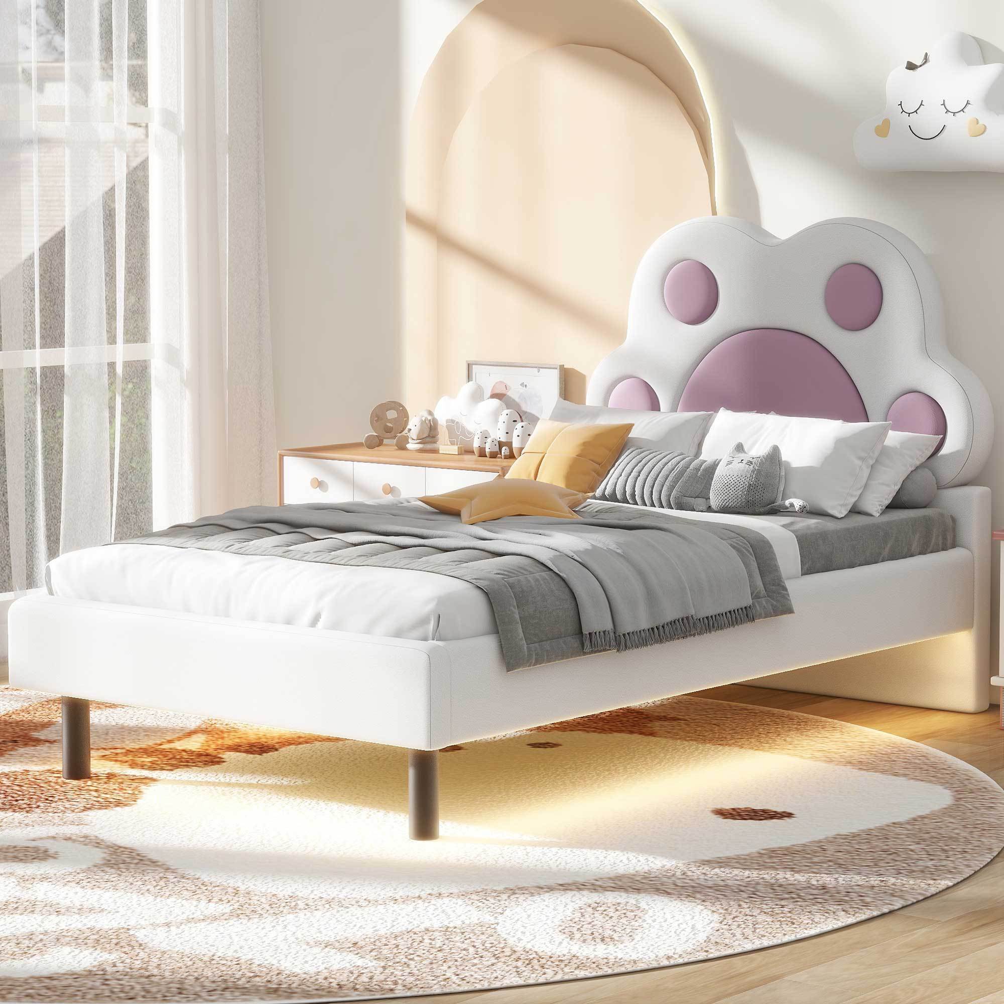 Twin Size Upholstered Platform Bed with Animal Paw Shaped Headboard and LED, Pink - Atlantic Fine Furniture Melbourne FL