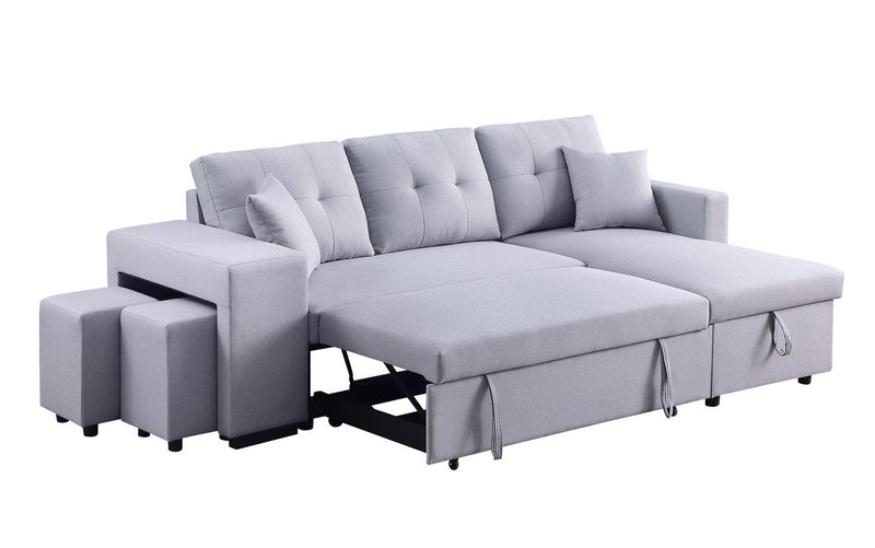 Dennis - Linen Fabric Reversible Sleeper Sectional With Storage Chaise And 2 Stools