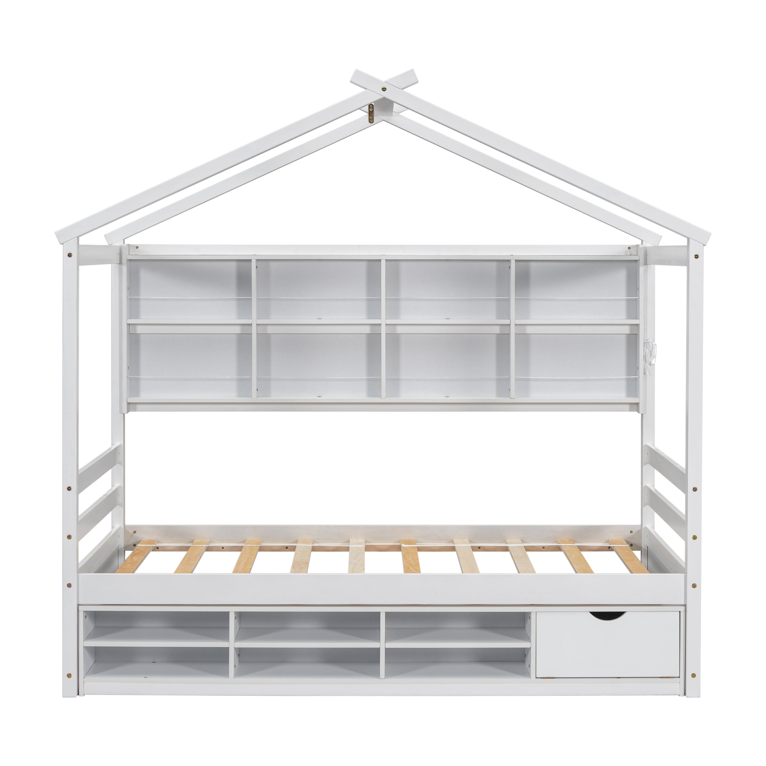 Twin House Bed with Roof Frame, Bedside-shelves, Under Bed Storage Unit,White - Atlantic Fine Furniture Melbourne FL
