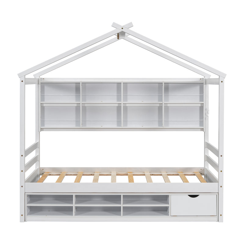 Twin House Bed with Roof Frame, Bedside-shelves, Under Bed Storage Unit,White