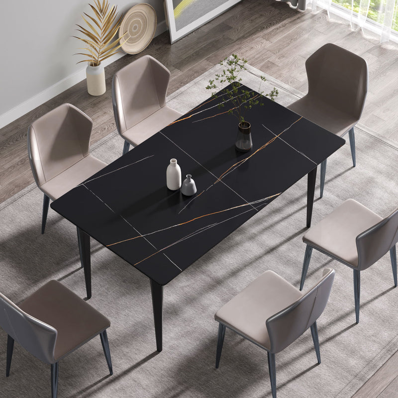 63" Modern Artificial Stone Black Straight Edge Black Metal Leg Dining Table, 6 People - Black