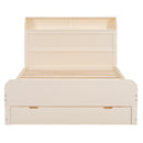 Full Size Platform Bed with Storage Headboard and a Big Drawer, Cream