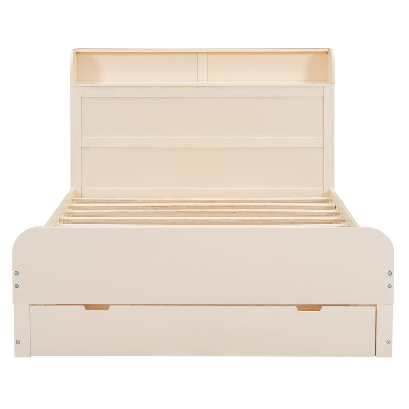 Full Size Platform Bed with Storage Headboard and a Big Drawer, Cream