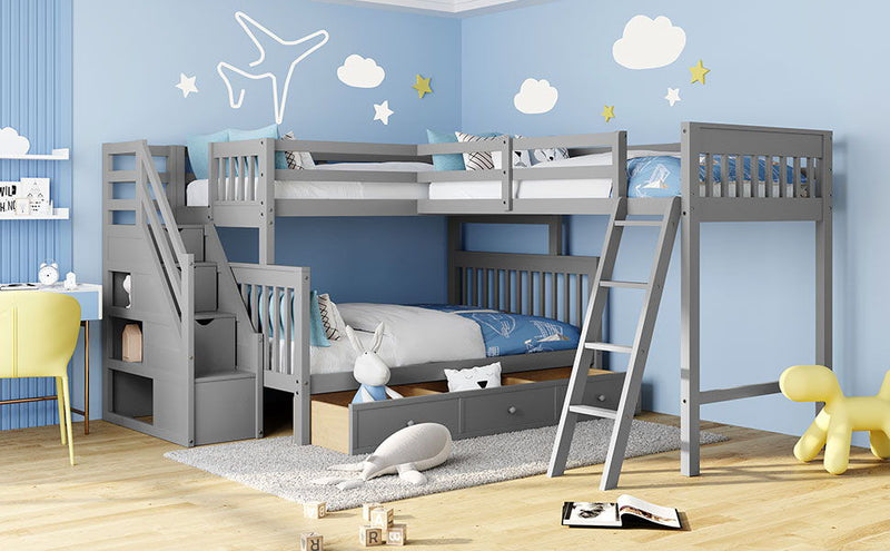 Solid L Shaped Bunk Bed With 3 Drawers, Ladder And Staircase