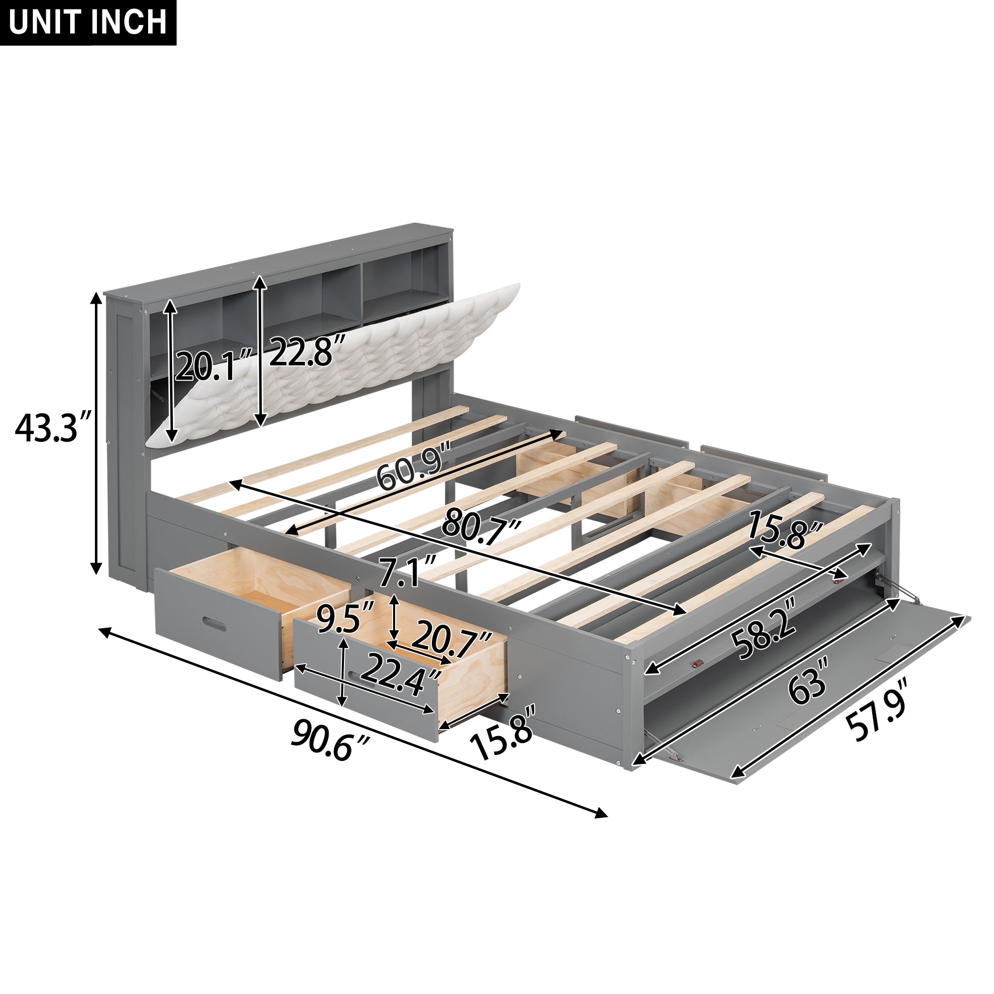 Wood Queen Size Platform Bed with Storage Headboard, shoe rack and 4 drawers,Gray - Atlantic Fine Furniture Melbourne FL
