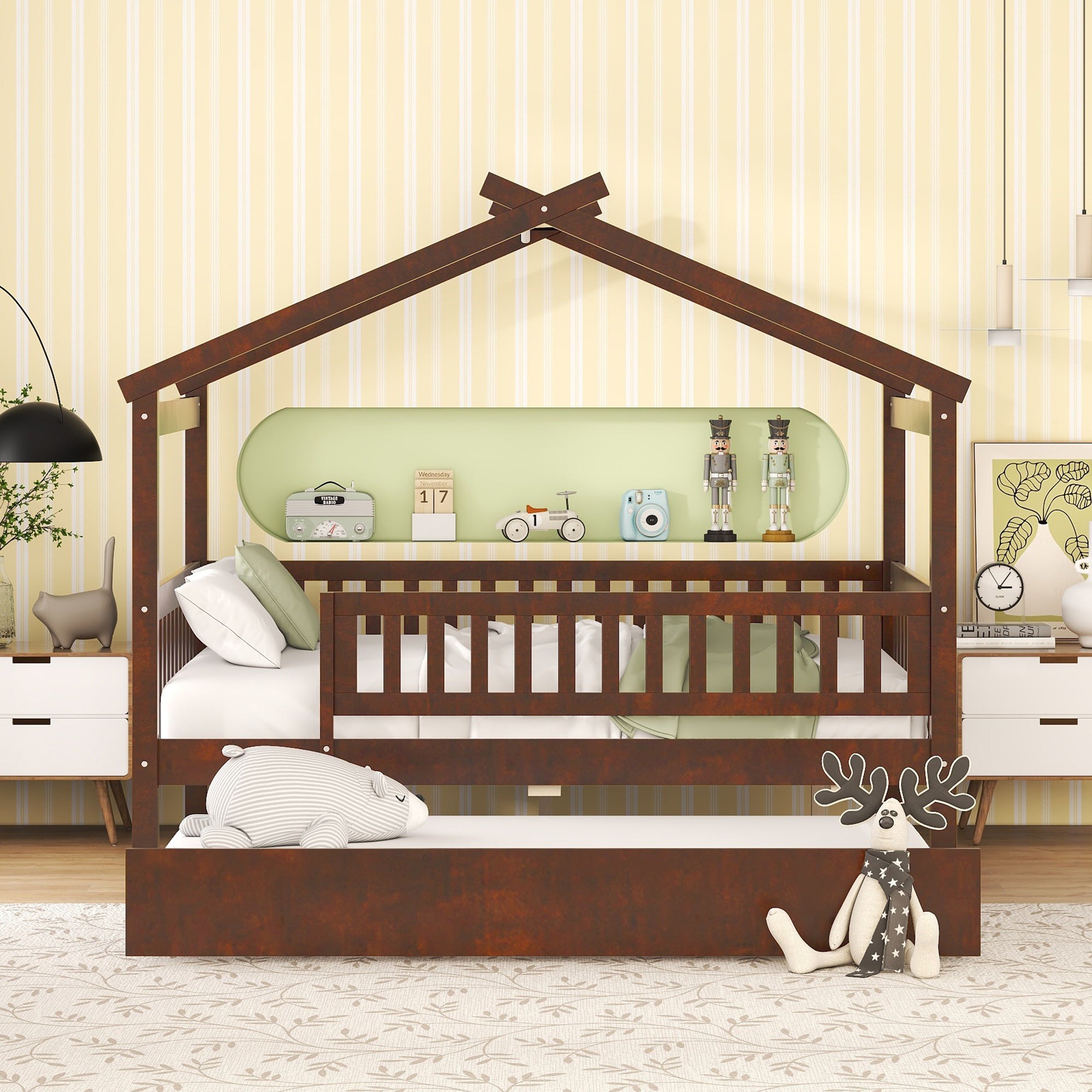 Full Size Wooden House Bed with Twin Size Trundle, Walnut - Atlantic Fine Furniture Melbourne FL