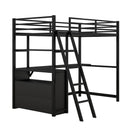 Twin Size Metal&Wood Loft Bed with Desk and Shelves, Two Built-in Drawers, Black