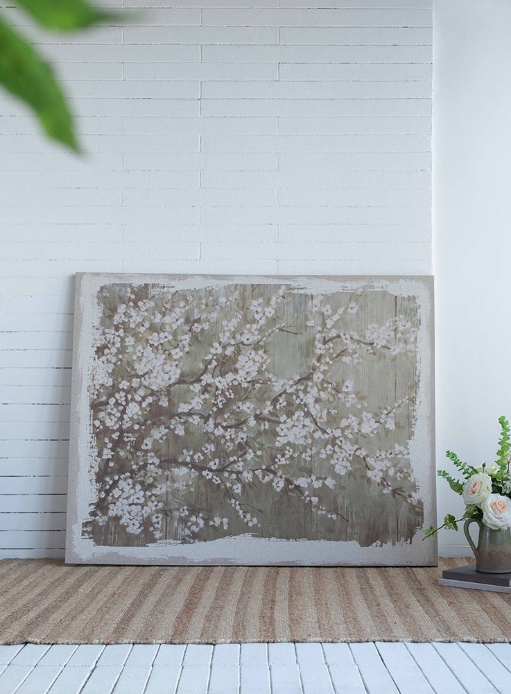 Large Cherry Blossom Canvas Art Print, Home Decor Accent Piece - Gray / White Matte