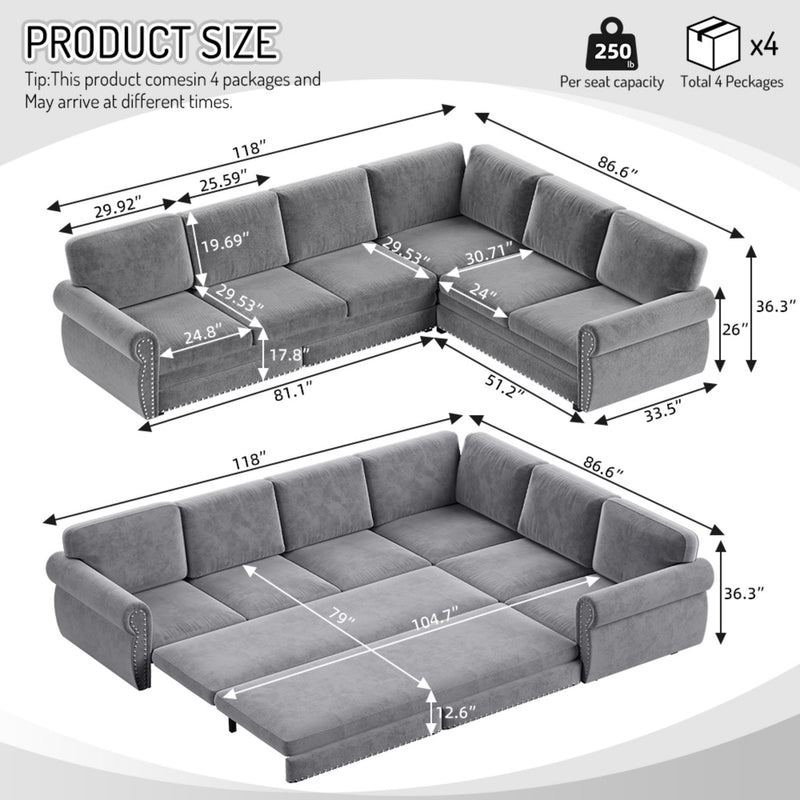 L-Shaped Sofa Couch With Pull Out Bed With Nailhead Trim & Rolled Arm, Sectional Couches, For Living Room - Light Gray