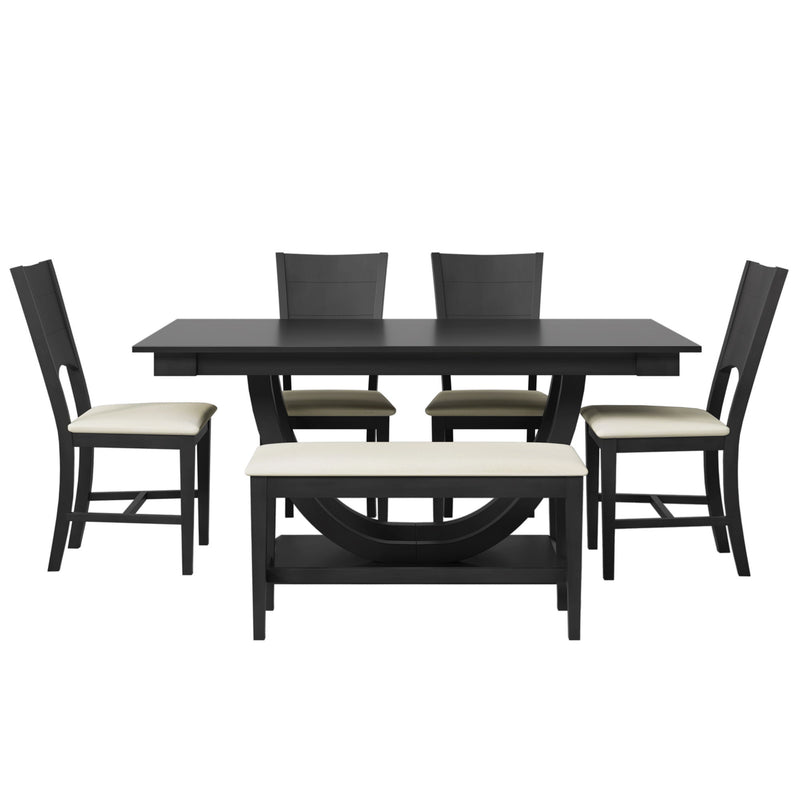 Topmax - 6 Piece Wood Half Round Dining Table Set Kitchen Table Set With Long Bench And 4 Dining Chairs, Modern Style