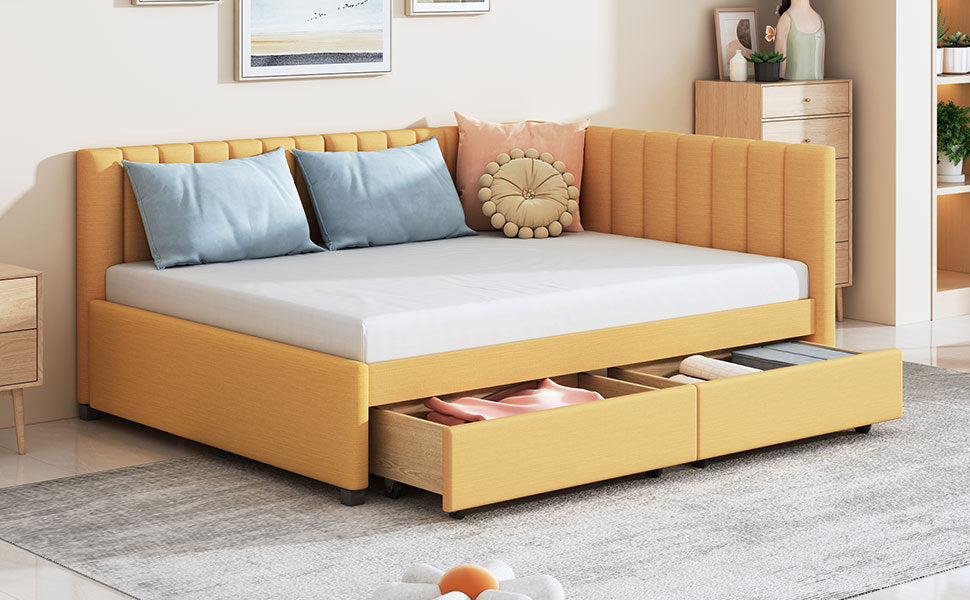 Full Size Upholstered Daybed with 2 Storage Drawers Sofa Bed Frame No Box Spring Needed, Linen Fabric (Yellow) - Atlantic Fine Furniture Melbourne FL