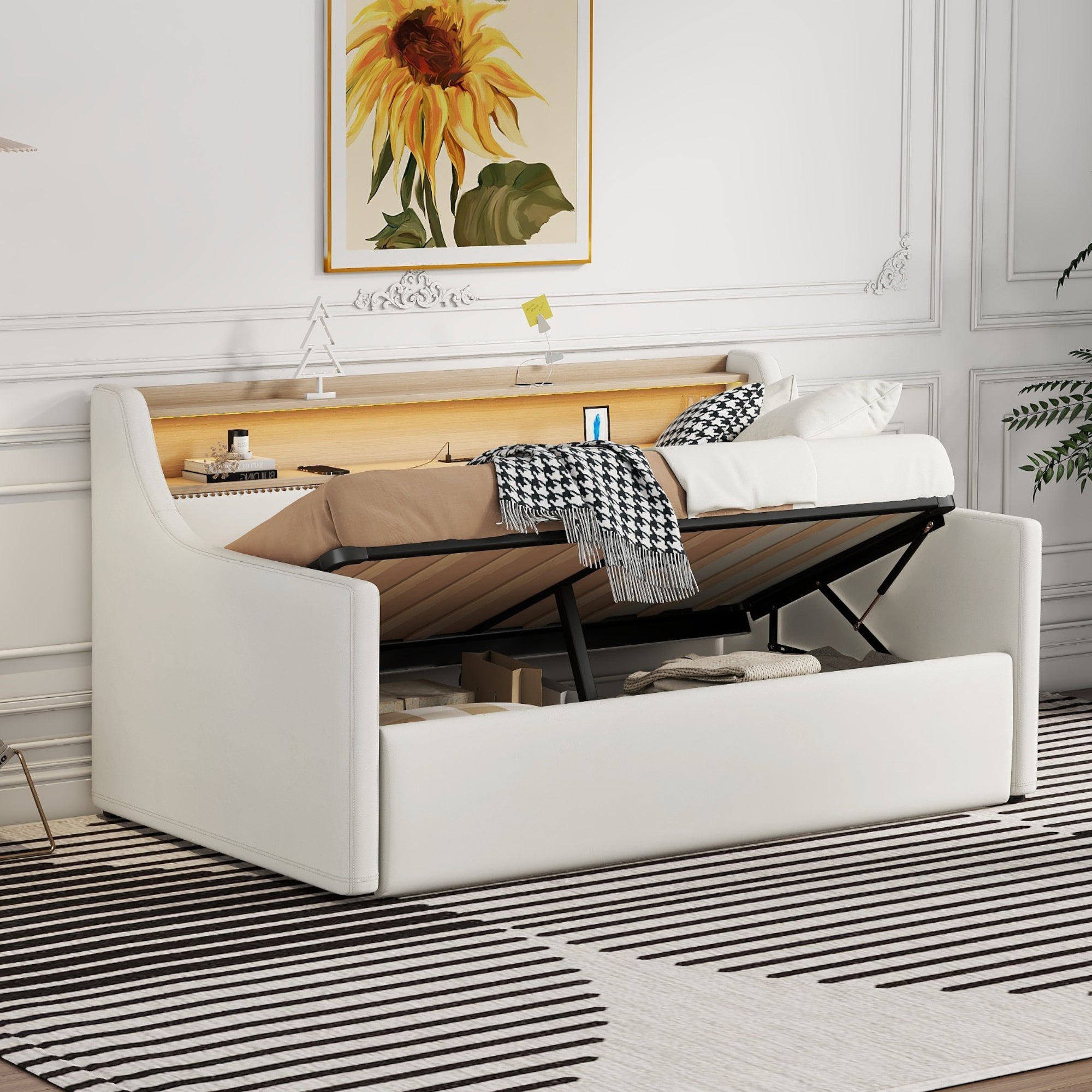 Twin Size Daybed with Hydraulic Storage, Upholstered Daybed with Lift Up Storage, Twin Leather Daybed with Charging Station and LED Lights,White(Expect arrival date Feb.13rd)