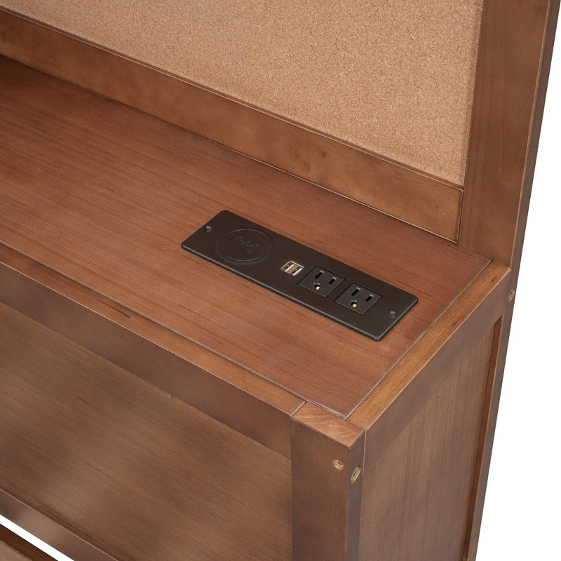 Full Size Wooden Daybed with 3 Storage Drawers, Upper Soft Board, shelf, and a set of Sockets and USB Ports, Brown