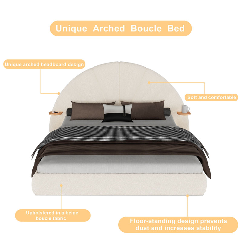 Queen Arched Bed With Small Table, Floor Standing Design - Beige
