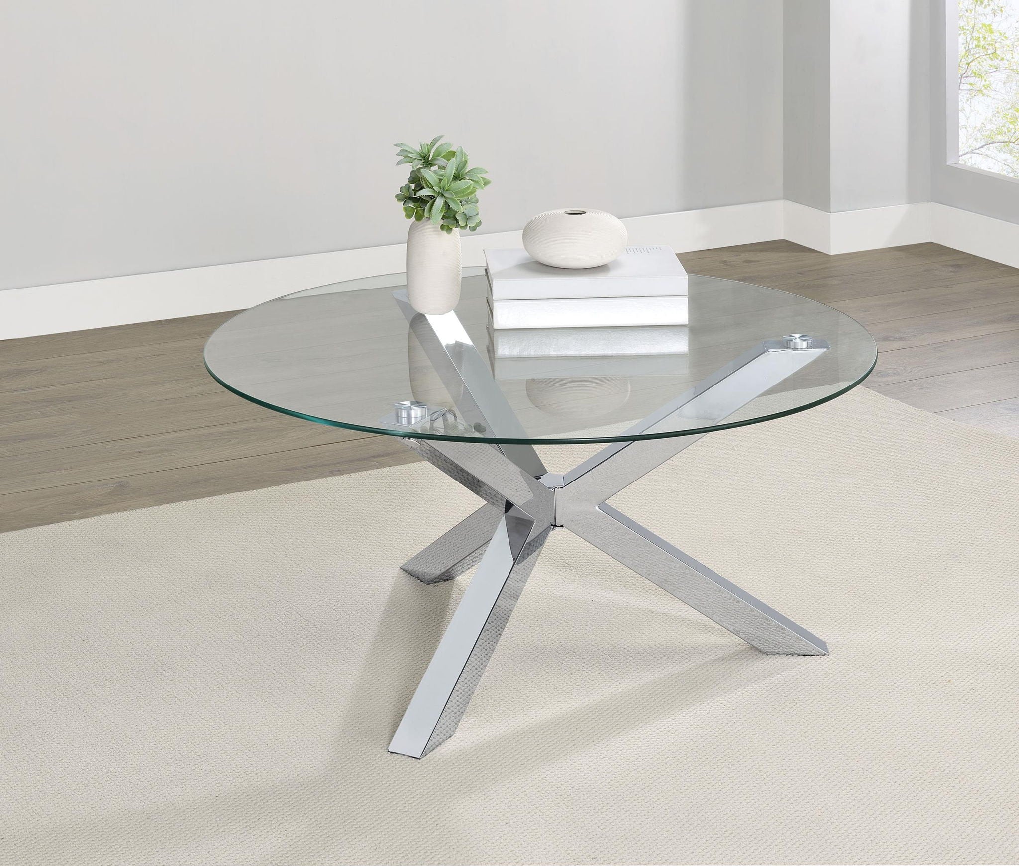 Kenzie Round Tempered Glass Top Cocktail Coffee Table Chrome - Atlantic Fine Furniture Melbourne FL