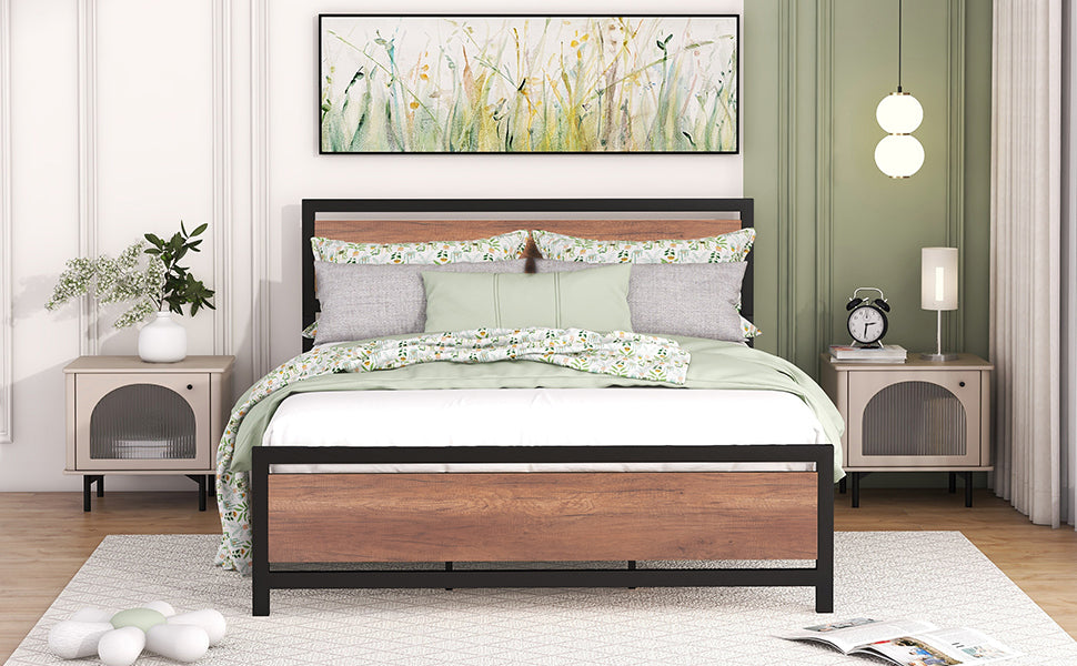 Queen Size Platform Bed, Metal and Wood Bed Frame with Headboard and Footboard , Black - Atlantic Fine Furniture Melbourne FL