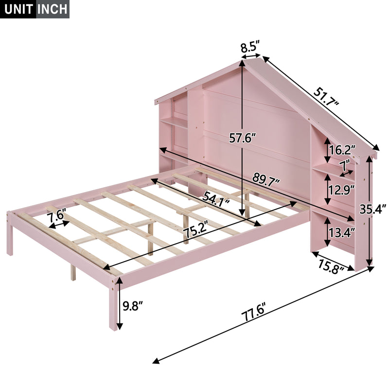 Wood Full Size Platform Bed with House-shaped Storage Headboard and Built-in LED, Pink