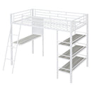 Loft Metal Bed With 3 Layers Of Shelves And Desk, Stylish Metal Frame Bed With Whiteboard