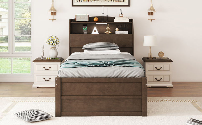 Wooden LED Platform Bed With Trundle, With Storage Headboard, With Drawers