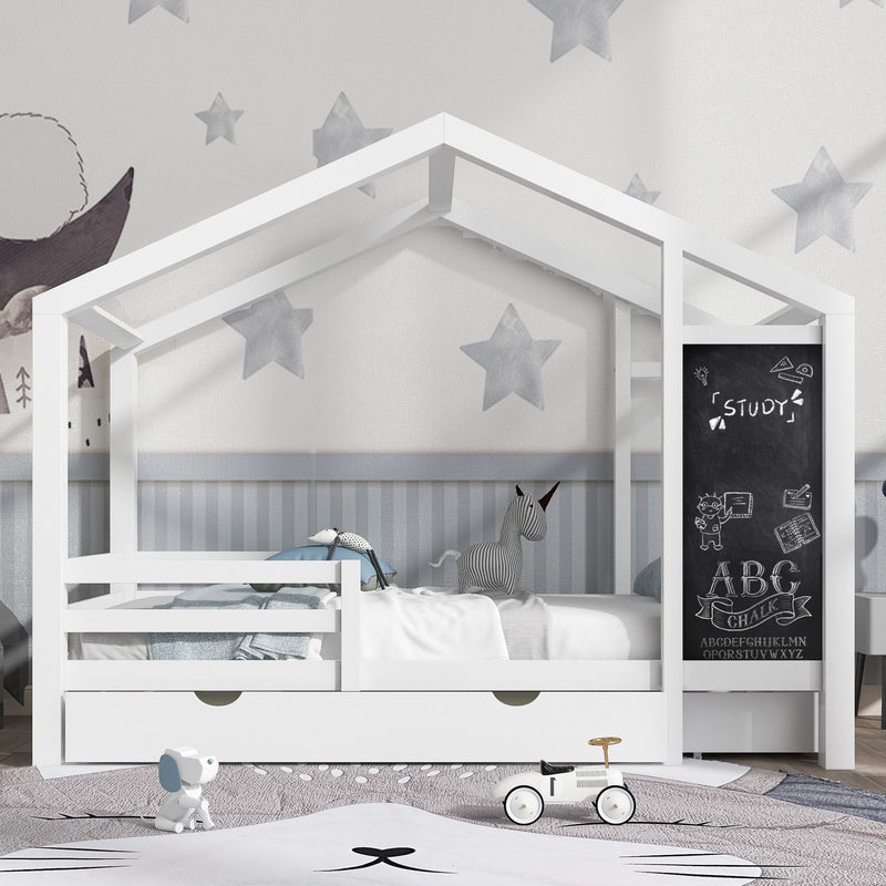 Twin House Bed With Blackboard And Drawers, 2 Assembly Options - White