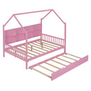 Wooden Full Size House Bed with Trundle,Kids Bed with Shelf,Pink