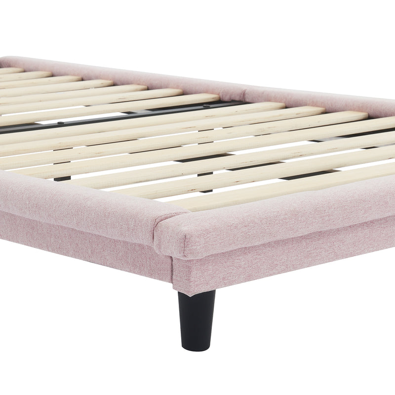 Twin Size Upholstered Bed with Light Stripe, Floating Platform Bed, Linen Fabric,Pink