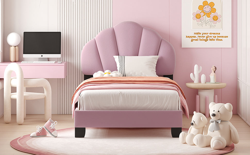 Twin Size Upholstered Velvet Platform Bed with Shell-Shaped Headboard, Pink - Atlantic Fine Furniture Melbourne FL