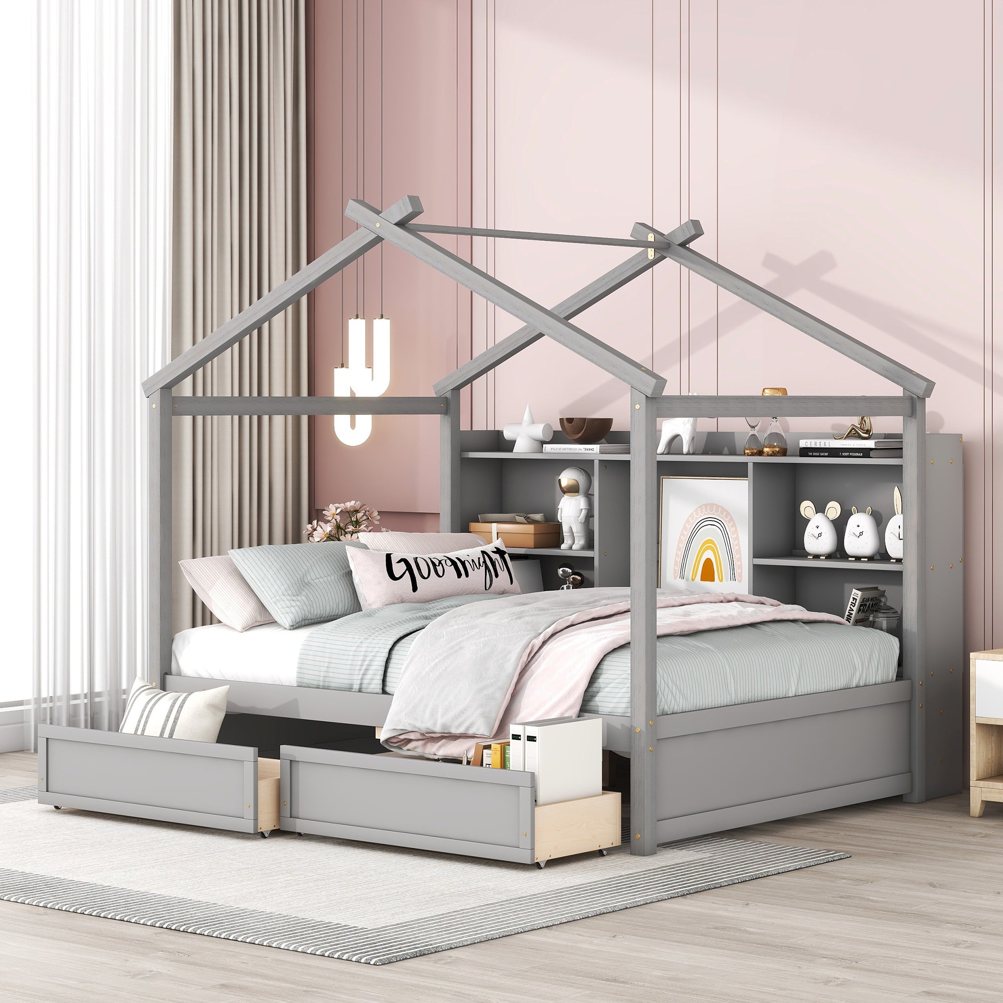Full Size House Bed with Storage Shelves and 2 Drawers, Brushed Gray - Atlantic Fine Furniture Melbourne FL