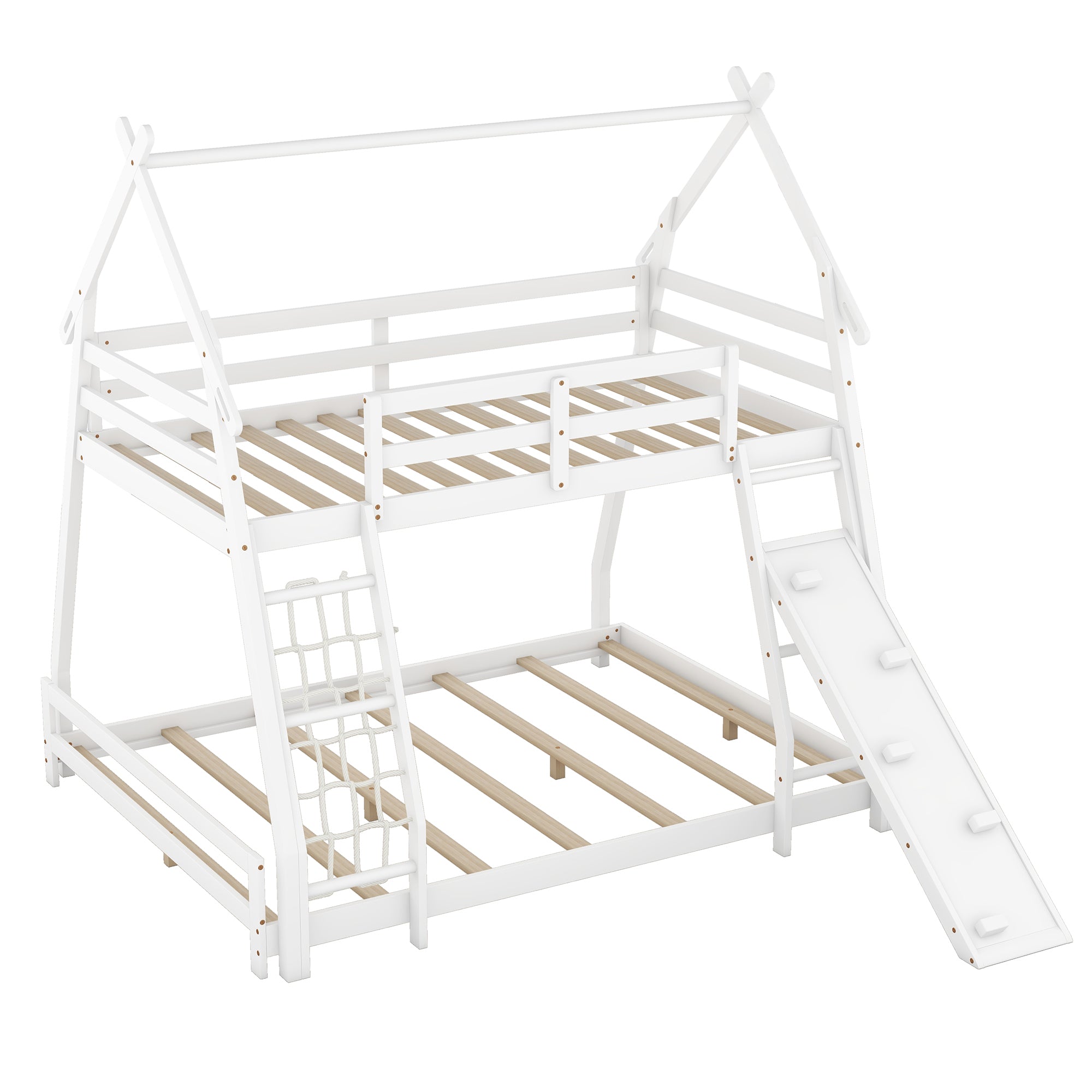Twin over Queen House Bunk Bed with Climbing Nets and Climbing Ramp, White - Atlantic Fine Furniture Melbourne FL