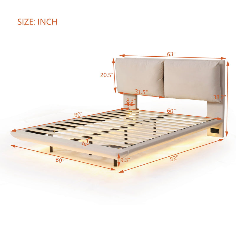 Upholstered Platform Bed With Sensor Light And 2 Large Backrests, With 2 Sets Of USB Port And Socket On Each Rear Bed Leg