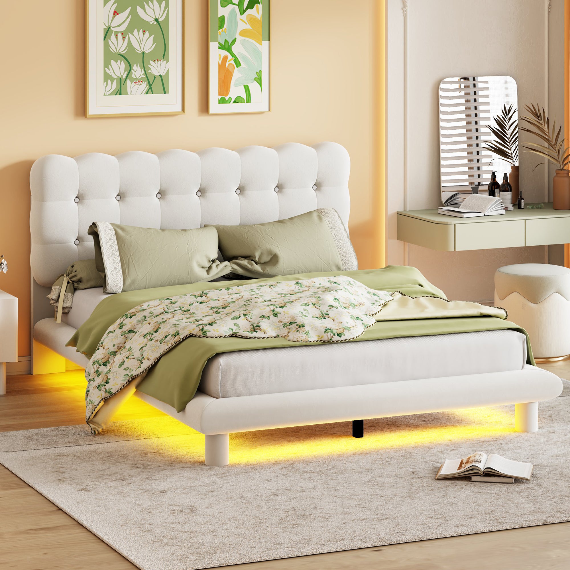 Queen Size Velvet Platform Bed with LED Frame, Thick & Soft Fabric and Button-tufted Design Headboard, Beige - Atlantic Fine Furniture Melbourne FL