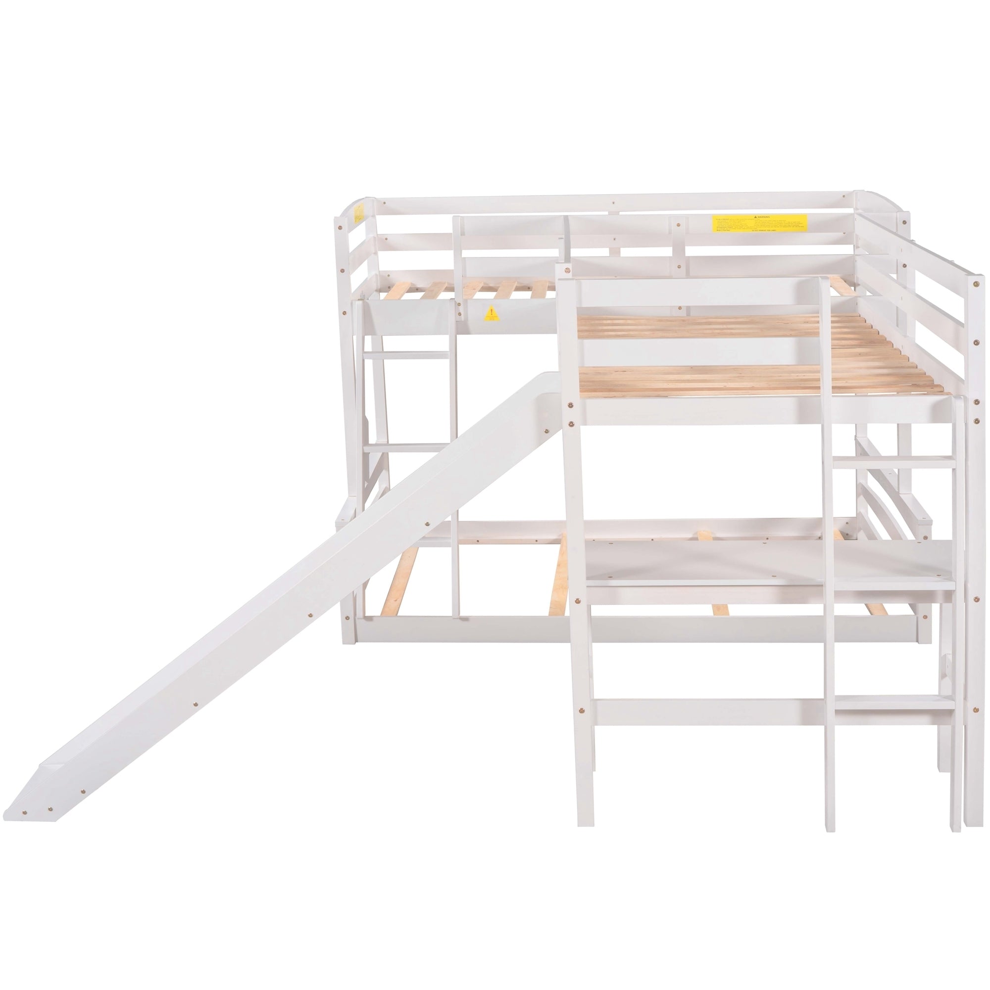 Twin over Full Bunk Bed with Twin Size Loft Bed with Desk and Slide,Full-Length Guardrail, White