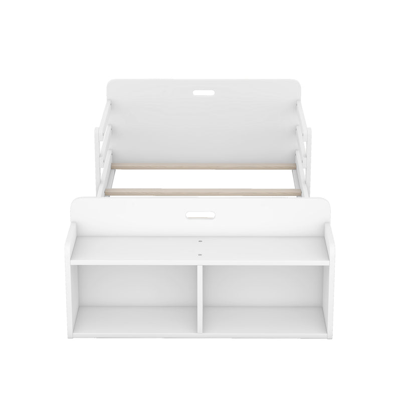 Twin Size Floor Bed with Storage Footboard and Guardrail, White