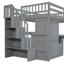Loft Bed With Stairs, Bookshelf, Drawers, Desk & Wardrobe, Space Saving Multifunctional Furniture