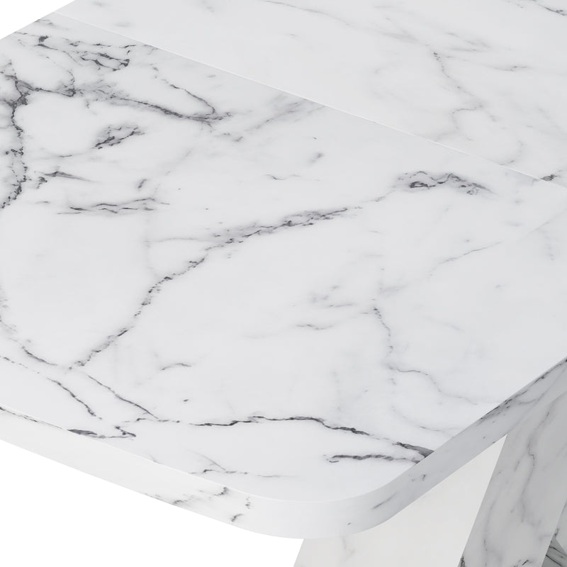 Modern Square Dining Table, Stretchable, with Printed White Marble Table Top+MDF X-Shape Table Leg with Metal Base