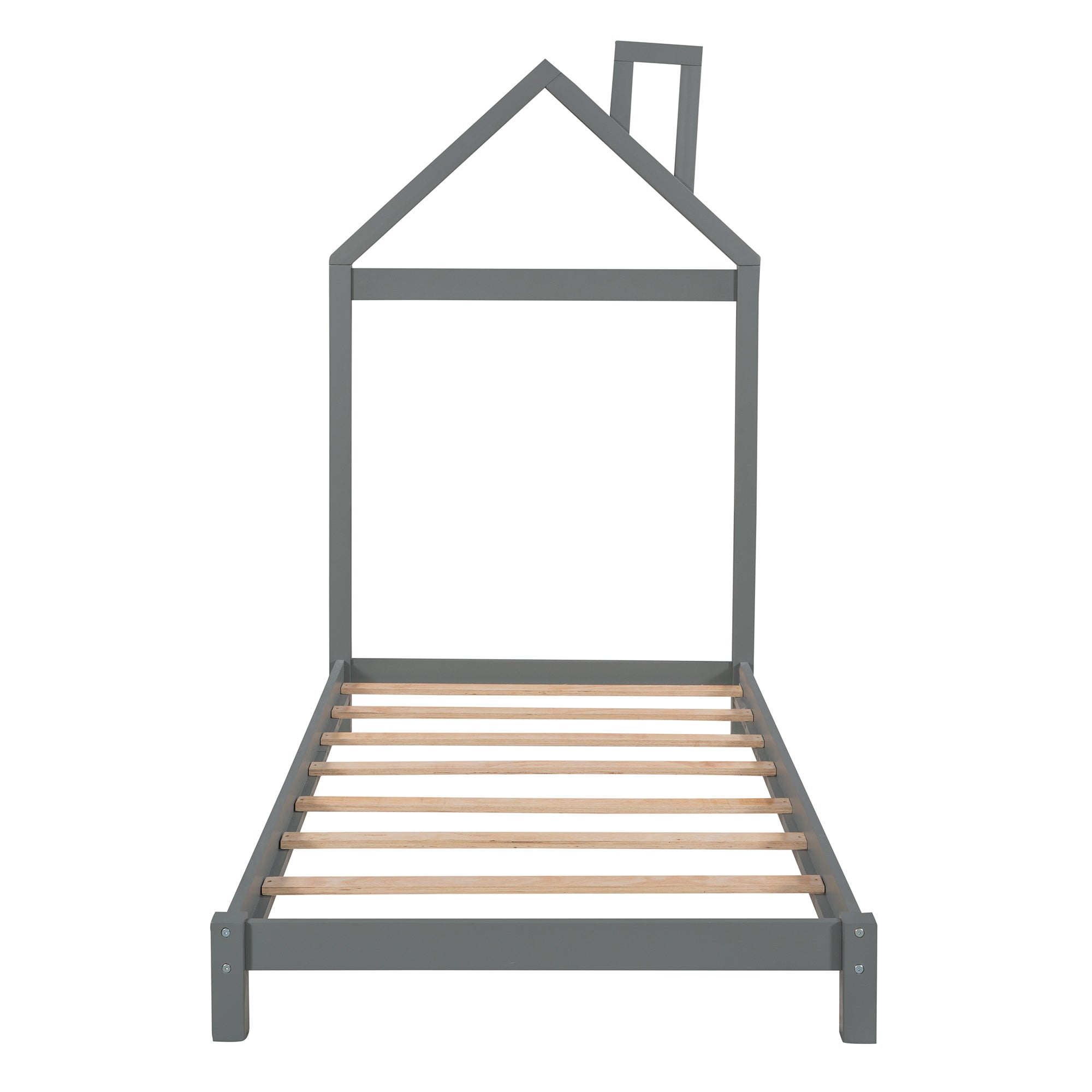 Twin Size Wood Platform Bed with House-shaped Headboard  (Gray) - Atlantic Fine Furniture Melbourne FL