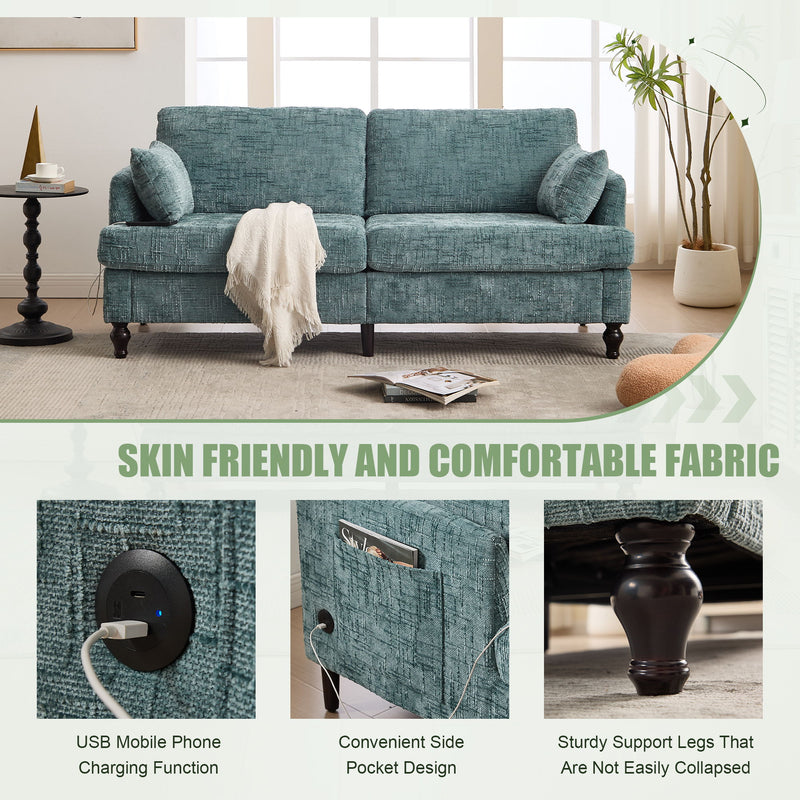 Chenille 2 Seater Sofa With LED Light, USB Charging Port, And Storage Bag